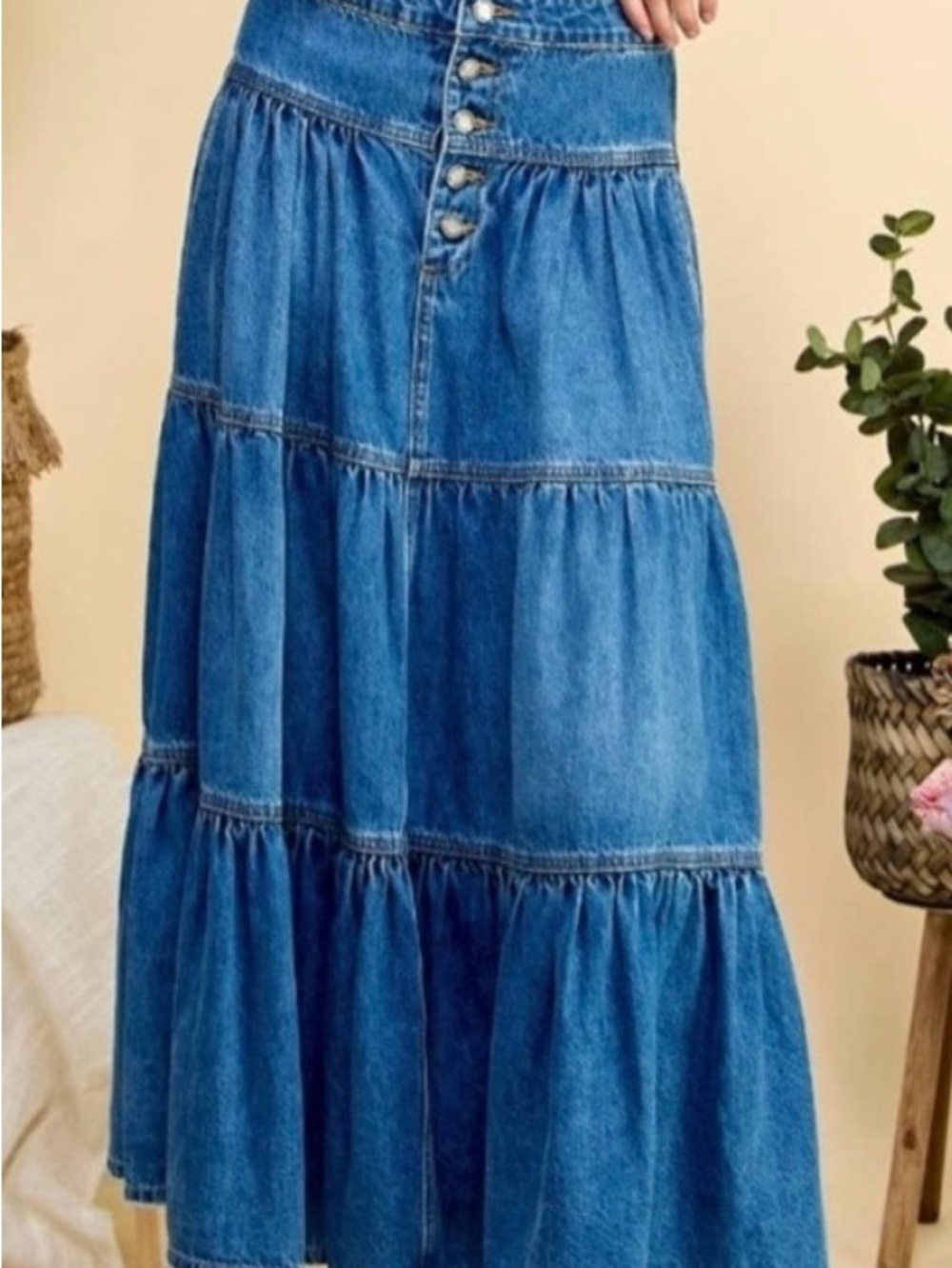 Vervet By Flying Monkey Tiered Denim Maxi Skirt Size Small - Picture 2 of 7
